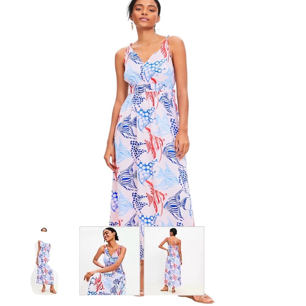 LOFT Blue and Red Patterned Maxi Dress